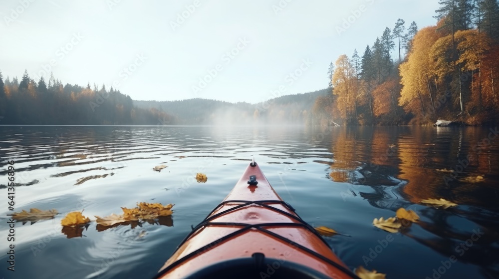 Poster a view of a kayak on a calm lake. digital image.