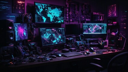 cool and epic photos of workspace views with multiple computer monitors made by AI generative