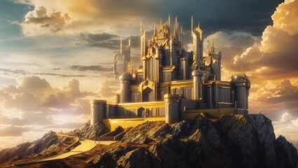 photo of a beautiful view of a golden castle surrounded by green grasslands made by AI generative