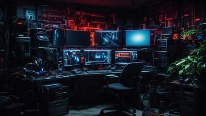 cool and epic photos of workspace views with multiple computer monitors made by AI generative
