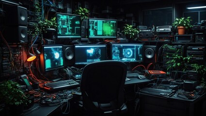 photo of a view of a workspace with lots of electronic equipment with a green theme with green plant decorations made by AI generative
