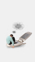 Contemporary art collage of young stressed man sitting on vintage phone thinking about his self improvement with drawings over white background