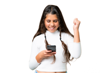 Young girl over isolated chroma key background with phone in victory position