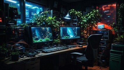 photo of workspace view with lots of computers with lots of electronic equipment with lots of greenery decorations made by AI generative