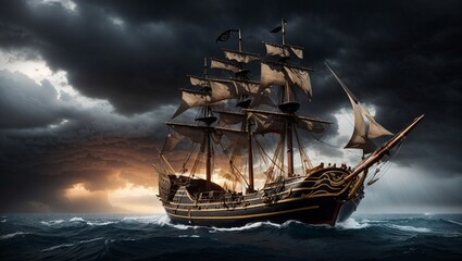 photo of a wooden ship sailing during a storm with black clouds in the background made by AI generative

