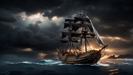Fototapeta premium photo of a wooden ship sailing during a storm with black clouds in the background made by AI generative
