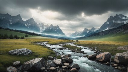 photo of a mountain landscape with a wide green meadow with a beautiful river made by AI generative

