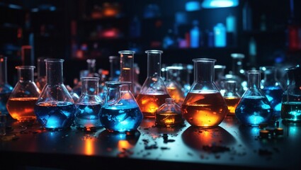 photo of transparent glass bottle with chemical liquid inside in the lab made by AI generative