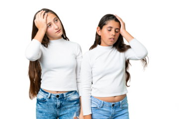 Friends girls holding gift and a birthday cake over isolated chroma key background with an expression of frustration and not understanding