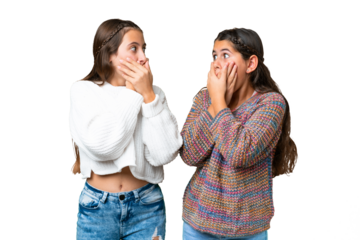 Friends girls over isolated chroma key background covering mouth with hands