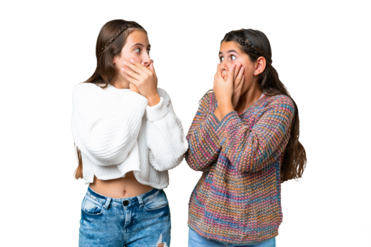 Friends girls over isolated chroma key background covering mouth with hands