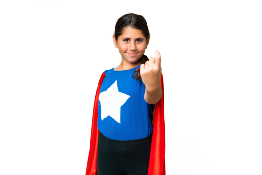 Super Hero girl over isolated chroma key background doing coming gesture