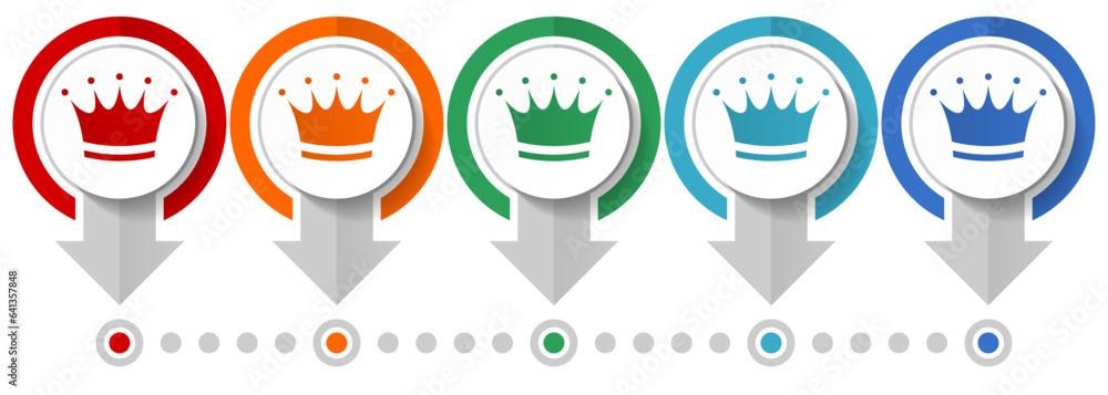 Poster Crown vector icon set, flat design infographic template, set pointer concept icons in 5 color options for webdesign and mobile applications