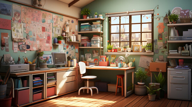 Illustration d'un bureau d'enfant à la maison pour faire ses devoirs. Kid's office for homeworks