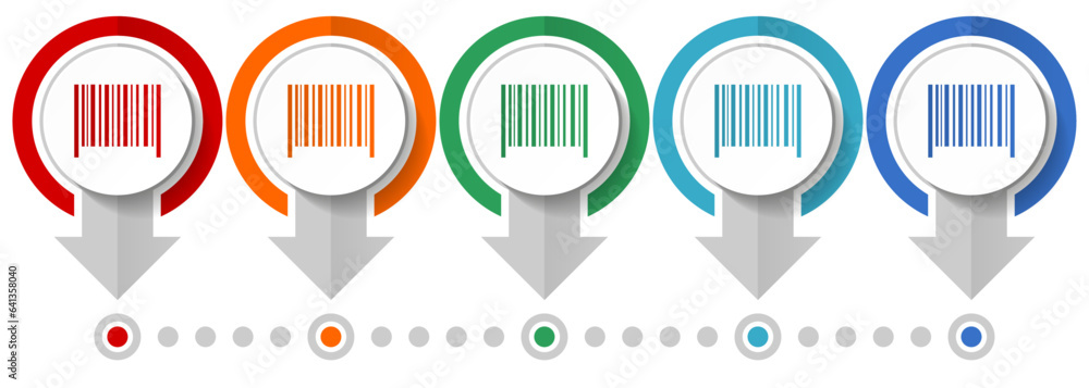 Aufkleber barcode vector icon set, flat design infographic template, set pointer concept icons in 5 color opti