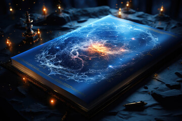 Hyper realistic of the space white paper blue document, black background, futuristic, ai generated.