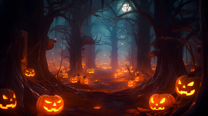 Halloween background with pumpkins in the dark forest. 3D rendering