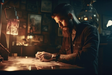 a tattoo artist at work, needle in hand. Concentrated gaze. Ink on skin, ai generated.