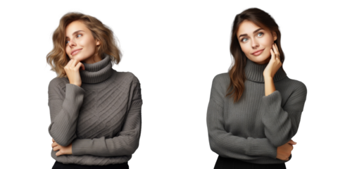Thoughtful woman planning autumn holiday wearing a jumper isolated over transparent background touching her chin while gazing at copyspace