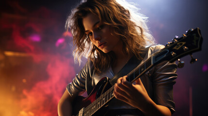 Fototapeta premium a teenage girl playing an acoustic guitar. Dramatic black and white with highlights and smoke