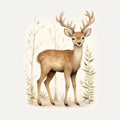 Watercolor illustration of fawn on white background. Cute baby deer.