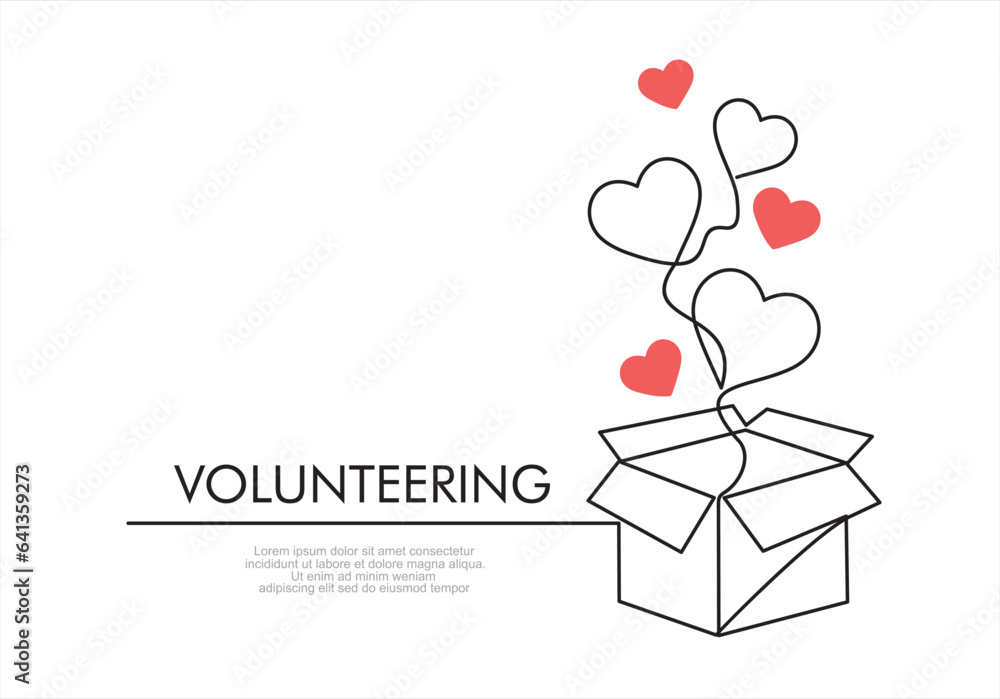 Poster continuous one line drawing of donate box with heart. concept of help support and volunteer activity