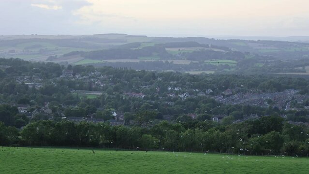 English Landscape With a Town on the Hills and a Large Flock of Birds in the Evening