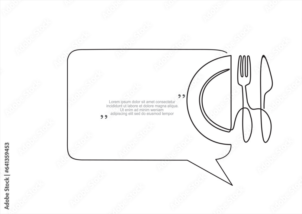Poster continuous one line drawing of plate, knife and fork and speech bubble. trendy line art vector on a 