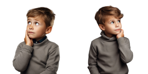 Thoughtful European boy ponders education options and childhood experiences in a gray studio