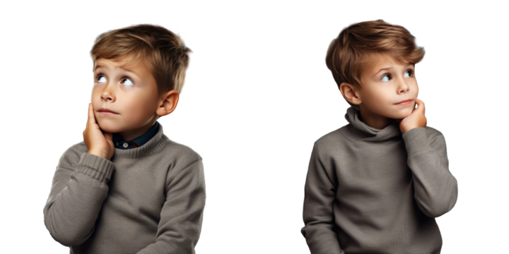 Thoughtful European boy ponders education options and childhood experiences in a gray studio