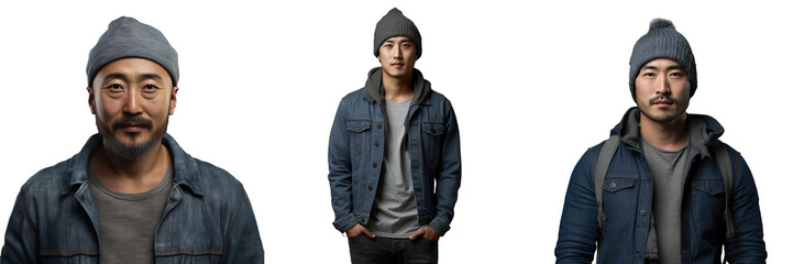 Naklejka premium Asian man in denim shirt with beanie on transparent background