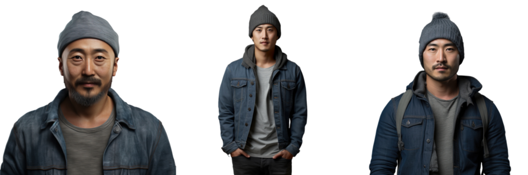 Asian man in denim shirt with beanie on transparent background - Powered by Adobe