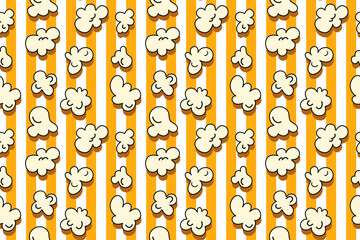 Popcorn seamless pattern on yellow and white color striped background. vector illustration cartoon vintage style