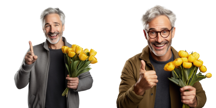 Grey haired middle aged man with yellow tulips surprised pointing with happy face number one - Powered by Adobe