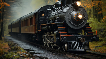 Fototapeta premium Retro train set in 70 century, vintage train on rails stop at station, 