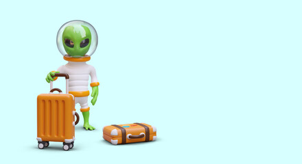 3D alien with suitcases. Green humanoid with luggage. Advertising of tourist business. Travel agency services. Non standard, unusual tours. Vector concept