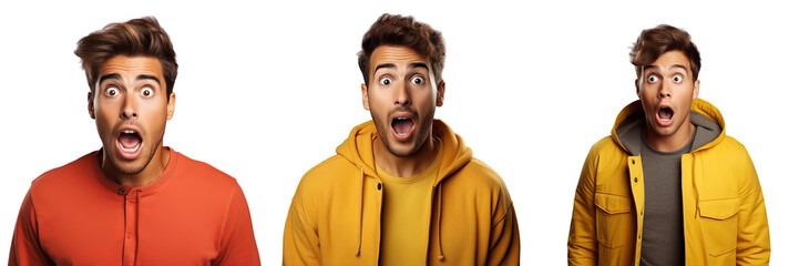 Scared young man with wide open mouth in shock against a transparent background looking handsome