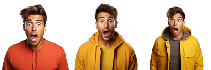 Scared young man with wide open mouth in shock against a transparent background looking handsome