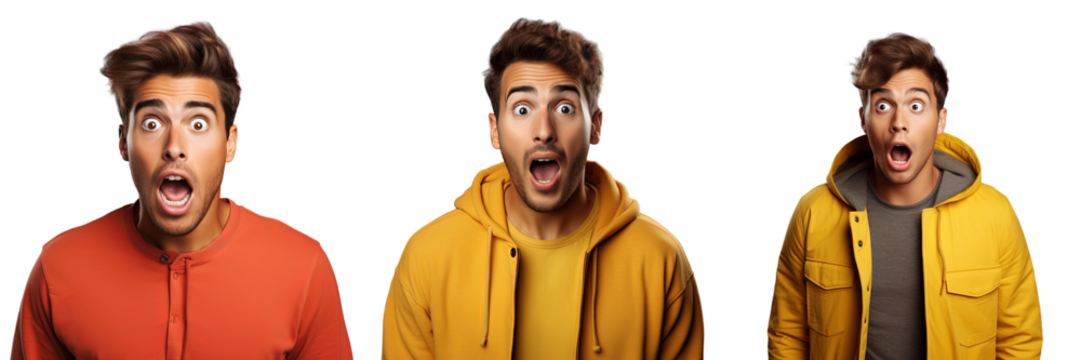 Scared young man with wide open mouth in shock against a transparent background looking handsome