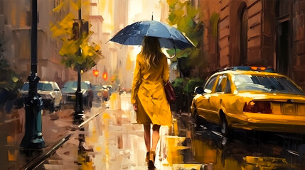 Naklejka premium A woman in a yellow coat under an umbrella, generative AI.