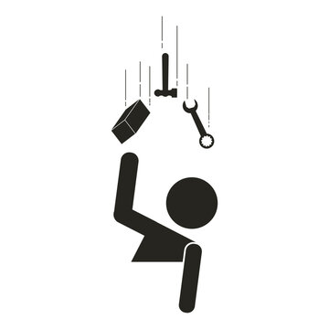 Isolated illustration of black pictogram safety sign hammer, wrench, steel block falling use for safety, danger, caution, alert falling objects sign in engineering workshop purpose