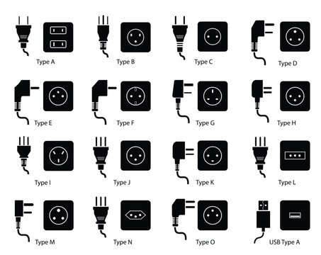 15+ different types of plugs and sockets in use worldwide as classified by World Standards. Outlet plugs icons set vector in silhouette style isolated on a white background.