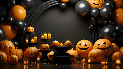 Halloween background with pumpkins and black and gold balloon decorations. 3D Render