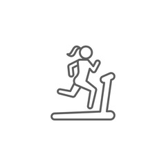 Woman running on treadmill icon. Simple outline style. Run, female, gym equipment, fitness, exercise machine, sport concept. Thin line symbol. Vector isolated on white background. Editable stroke SVG.