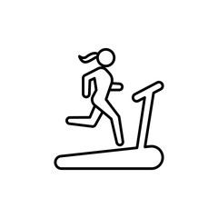 Woman running on treadmill icon. Simple outline style. Run, female, gym equipment, fitness, exercise machine, sport concept. Thin line symbol. Vector isolated on white background. SVG.