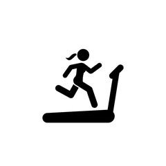 Woman running on treadmill icon. Simple solid style. Run, female, gym equipment, fitness, exercise machine, sport concept. Black silhouette, glyph symbol. Vector isolated on white background. SVG.