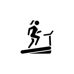 Woman running on treadmill icon. Simple solid style. Run, female, gym equipment, fitness, exercise machine, sport concept. Black silhouette, glyph symbol. Vector isolated on white background. SVG.