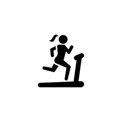 Fototapeta na wymiar Woman running on treadmill icon. Simple solid style. Run, female, gym equipment, fitness, exercise machine, sport concept. Black silhouette, glyph symbol. Vector isolated on white background. SVG.