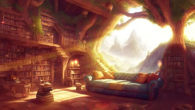 Abstract magic library in rays of light