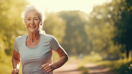 Elderly woman jogging in park. Runner. Generative AI